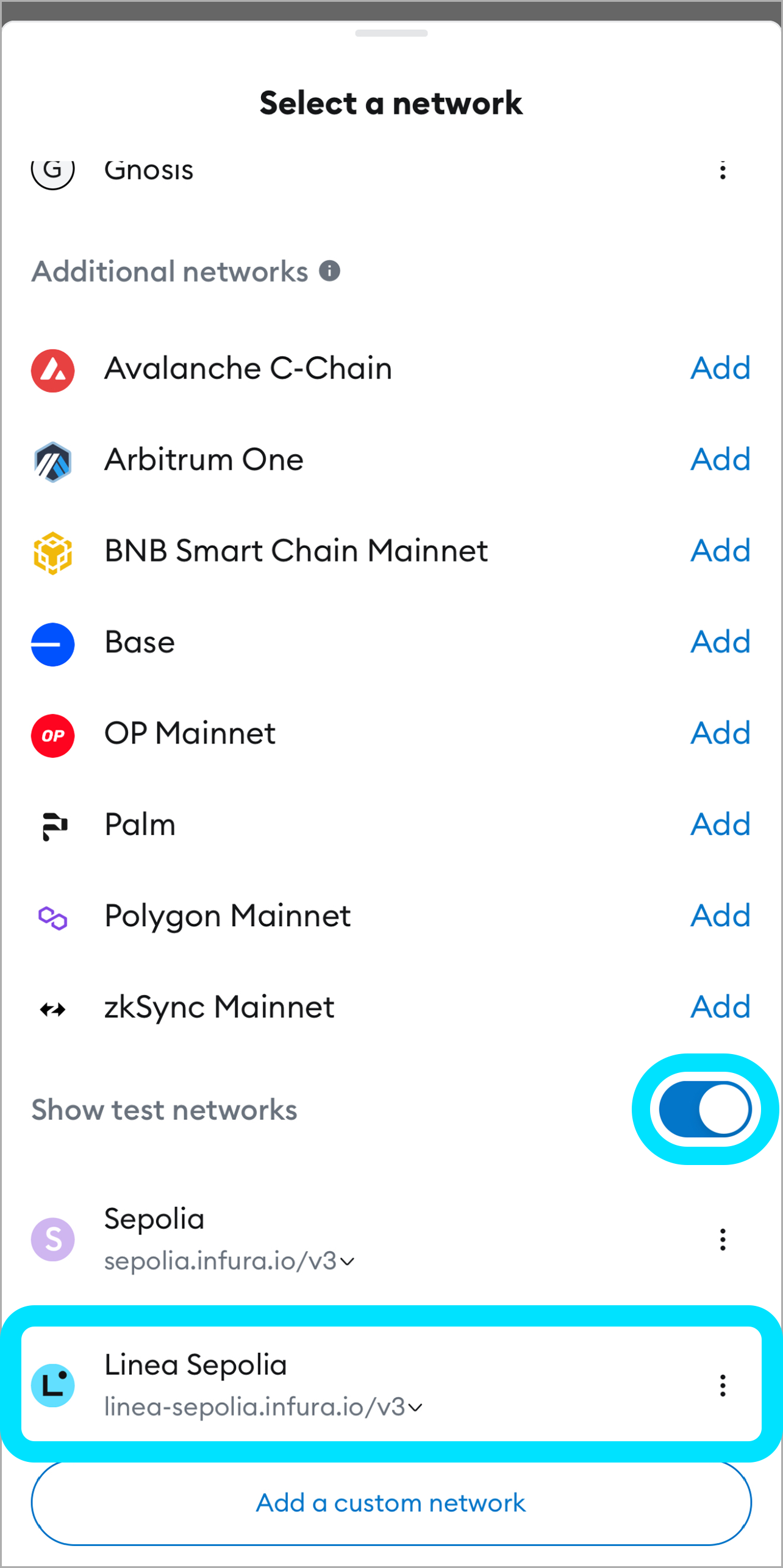 MetaMask change network to Linea Sepolia mobile
