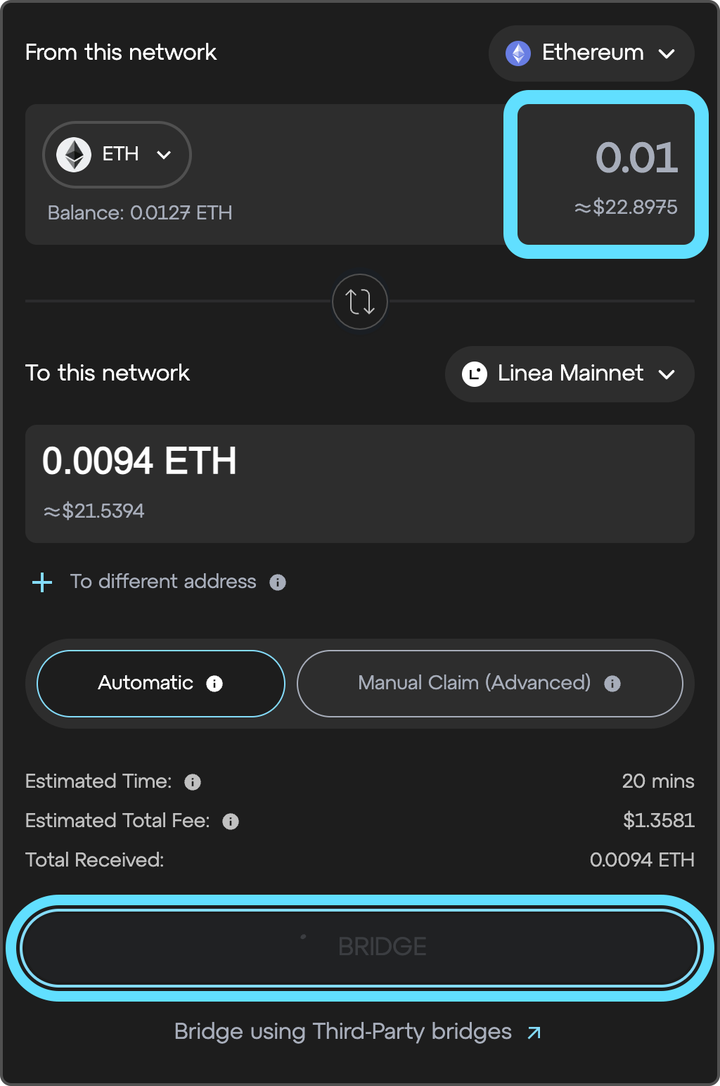 Linea bridge choose amount