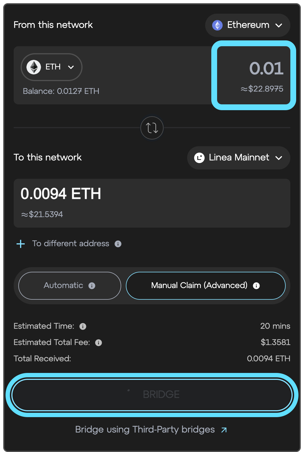 Linea bridge choose amount